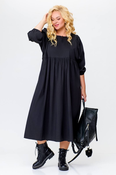Демисезонное платье прямого силуэта из хлопка с разрезом и карманами Swallow 675.1 черный - фото 2