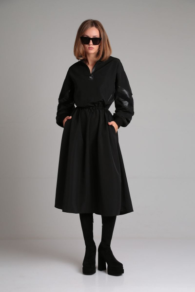 Платье с кулисой, широкими рукавами и вставками из экокожи Mixan 5043 - фото 1