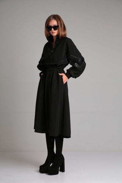 Платье с кулисой, широкими рукавами и вставками из экокожи Mixan 5043 - фото 6