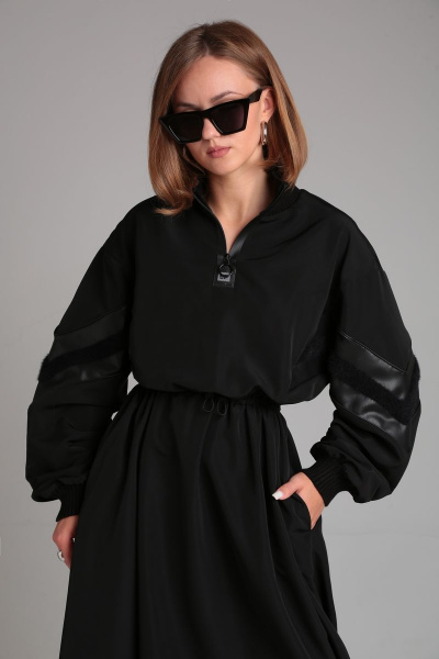 Платье с кулисой, широкими рукавами и вставками из экокожи Mixan 5043 - фото 4