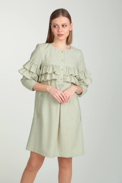 Демисезонное платье с рюшами, карманами и кожаными акцентами Rishelie 905.3 фисташка - фото 1
