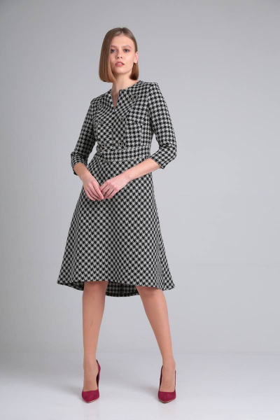 Демисезонное платье с рельефами и поясом в деловом стиле Rishelie 915 черно-серое - фото 1