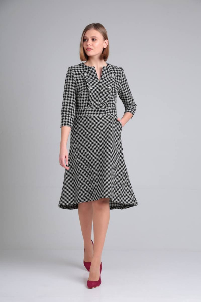 Демисезонное платье с рельефами и поясом в деловом стиле Rishelie 915 черно-серое - фото 2