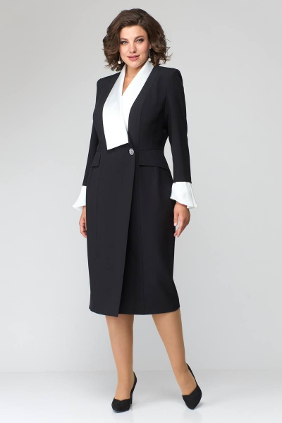 Платье за колено с контрастной отделкой и рельефами ANASTASIA MAK 1124 чёрный - фото 2