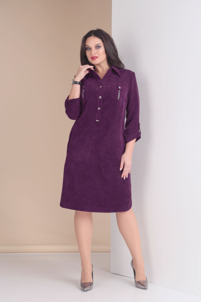 Вельветовое платье в стиле сафари с карманами Tensi 258а ежевика - фото 1