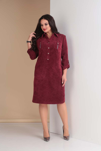 Вельветовое платье в стиле сафари с карманами Tensi 258а марсала - фото 1