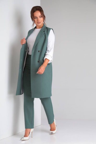 Деловой комплект: блуза, брюки и жилет из трикотажа TVIN 7646 зеленый - фото 5