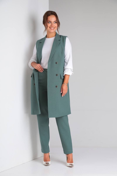 Деловой комплект: блуза, брюки и жилет из трикотажа TVIN 7646 зеленый - фото 4