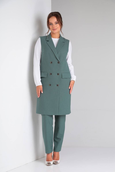 Деловой комплект: блуза, брюки и жилет из трикотажа TVIN 7646 зеленый - фото 1