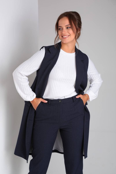 Стильный деловой комплект блуза, брюки и жилет из текстиля TVIN 7646 синий - фото 6