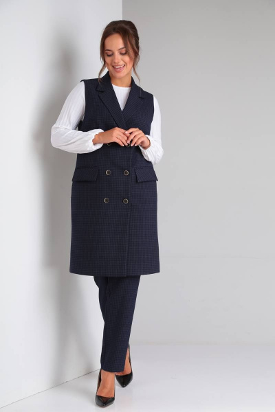 Стильный деловой комплект блуза, брюки и жилет из текстиля TVIN 7646 синий - фото 3