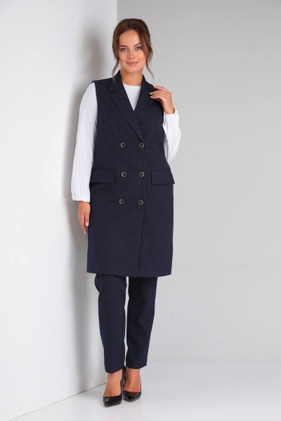 Стильный деловой комплект блуза, брюки и жилет из текстиля TVIN 7646 синий - фото 2