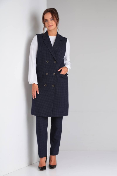 Стильный деловой комплект блуза, брюки и жилет из текстиля TVIN 7646 синий - фото 1