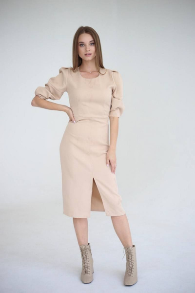 Бежевое платье-футляр из плательной ткани с разрезом спереди The Mood 012 - фото 1