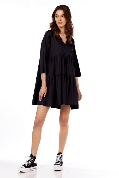 Платье свободного кроя с V-вырезом и сборкой на лето Fita 1365 черный - фото 7