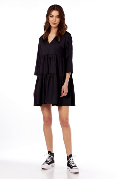 Платье свободного кроя с V-вырезом и сборкой на лето Fita 1365 черный - фото 6