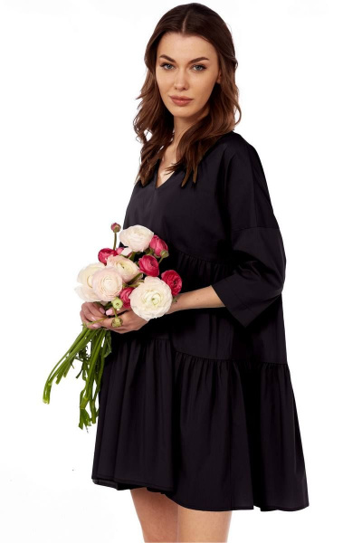 Платье свободного кроя с V-вырезом и сборкой на лето Fita 1365 черный - фото 2