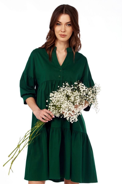 Платье свободного кроя из хлопка с застежкой Fita 1431 изумруд - фото 7