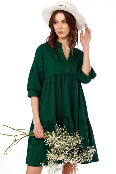 Платье свободного кроя из хлопка с застежкой Fita 1431 изумруд - фото 1