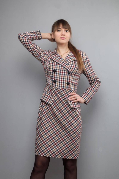 Приталенное платье с отрезным по линии талии кройом и воротником Mita ЖМ1022 клетка - фото 2