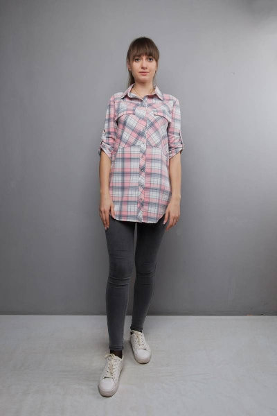 Туника-рубашка в клетку с разрезами и патой Mita ЖМ933 розовый/клетка - фото 2