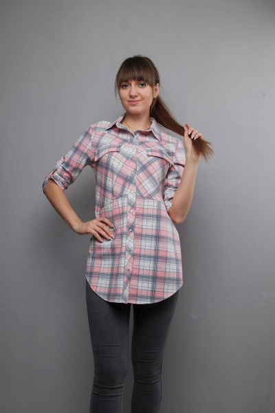 Туника-рубашка в клетку с разрезами и патой Mita ЖМ933 розовый/клетка - фото 1