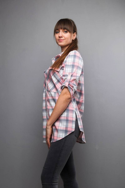 Туника-рубашка в клетку с разрезами и патой Mita ЖМ933 розовый/клетка - фото 4