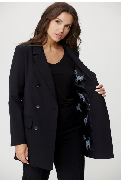 Двубортный жакет из хлопка свободного кроя с карманами БелЭльСтиль 848-2_81_22 черный однотон - фото 6