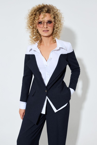 Костюм 2-ка с жакетом и брюками с высокой посадкой Euromoda 466 синий-клетка - фото 2