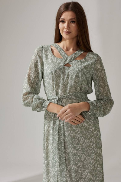 Платье из шифона с нагрудными вытачками и поясом Faufilure C1474 зеленый - фото 2
