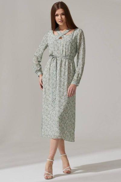 Платье из шифона с нагрудными вытачками и поясом Faufilure C1474 зеленый - фото 1