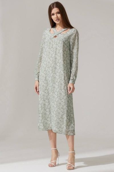 Платье из шифона с нагрудными вытачками и поясом Faufilure C1474 зеленый - фото 5