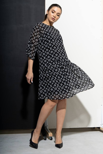 Шифоновое платье А-силуэта с фигурным подрезом и рукавом Luna 072 черный/белый - фото 3