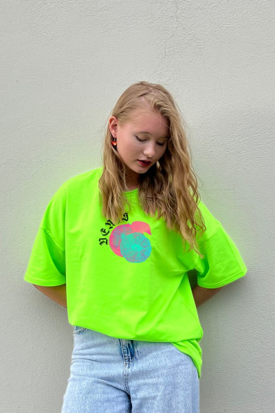 Футболка женская оверсайз с принтом в стиле брутализм Friends ven3d-neon салатовый - фото 2