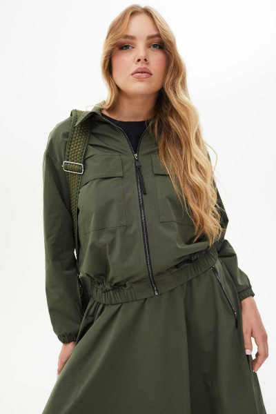 Костюм с расклешенной юбкой из плащевой ткани Mislana С268 хаки - фото 9