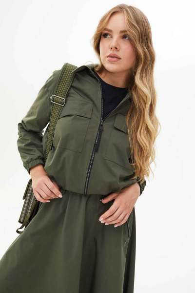 Костюм с расклешенной юбкой из плащевой ткани Mislana С268 хаки - фото 6