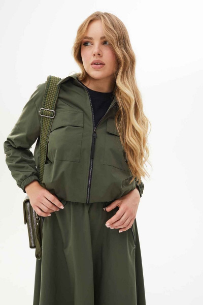 Костюм с расклешенной юбкой из плащевой ткани Mislana С268 хаки - фото 5