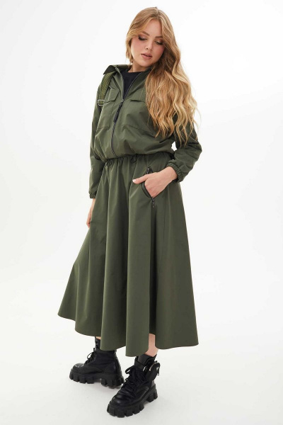 Костюм с расклешенной юбкой из плащевой ткани Mislana С268 хаки - фото 4