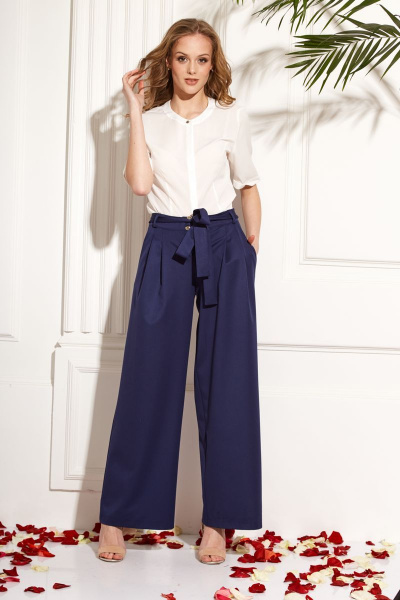 Синие широкие брюки из текстиля с поясом AMORI 5097 темно-синий - фото 1