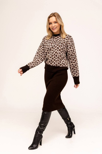 Костюм двойка женский вязаный джемпер и юбка-карандаш Romgil 848ШТЗ светлый_опаловый,глубокий_коричневый,коричневый - фото 1