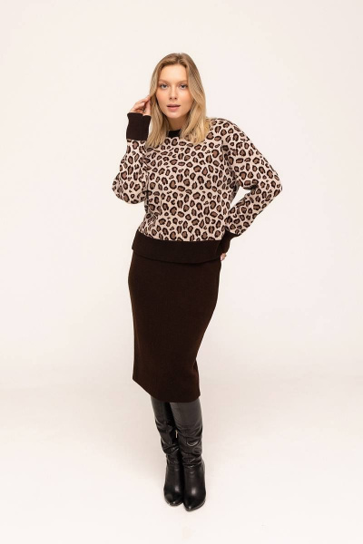 Костюм двойка женский вязаный джемпер и юбка-карандаш Romgil 848ШТЗ светлый_опаловый,глубокий_коричневый,коричневый - фото 2