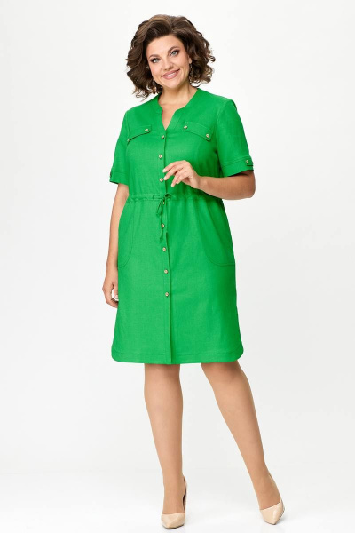 Льняное платье с фигурным V-образным вырезом и разрезами Zlata 4427 зеленый - фото 1