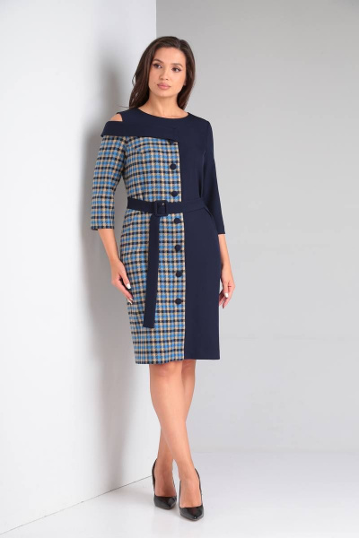 Платье комплексое приталенное из текстиля с поясом Rishelie 933 синий - фото 2