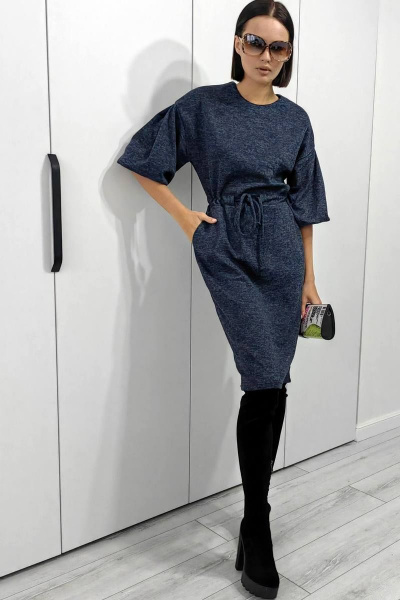 Платье с пышными рукавами-фонариками из вискозы и трикотажа Patriciа C15245 темно-синий - фото 1