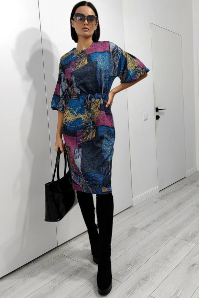 Платье мультиколор с пышными рукавами-фонариками из вискозы Patriciа F15245 серый,бирюзовый - фото 1