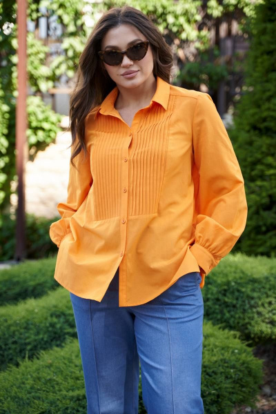 Блуза прямого силуэта на стойке с защипами демисезон Andina city 5008 оранжевый - фото 1