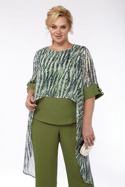 нарядный женский костюм из текстиля с шифоновой блузой и брюками-палаццо Michel chic 1353 олива - фото 6