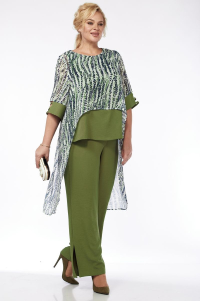 нарядный женский костюм из текстиля с шифоновой блузой и брюками-палаццо Michel chic 1353 олива - фото 1