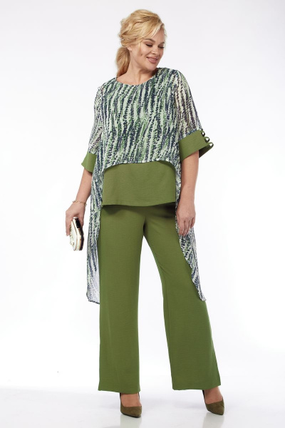 нарядный женский костюм из текстиля с шифоновой блузой и брюками-палаццо Michel chic 1353 олива - фото 2