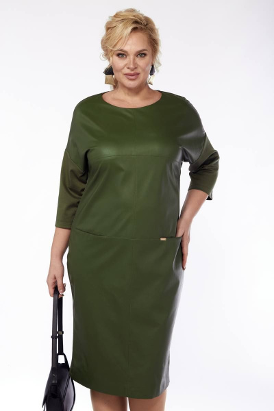 Платье с эко-кожей и трикотажными рукавами Michel chic 2068/1 хаки - фото 6